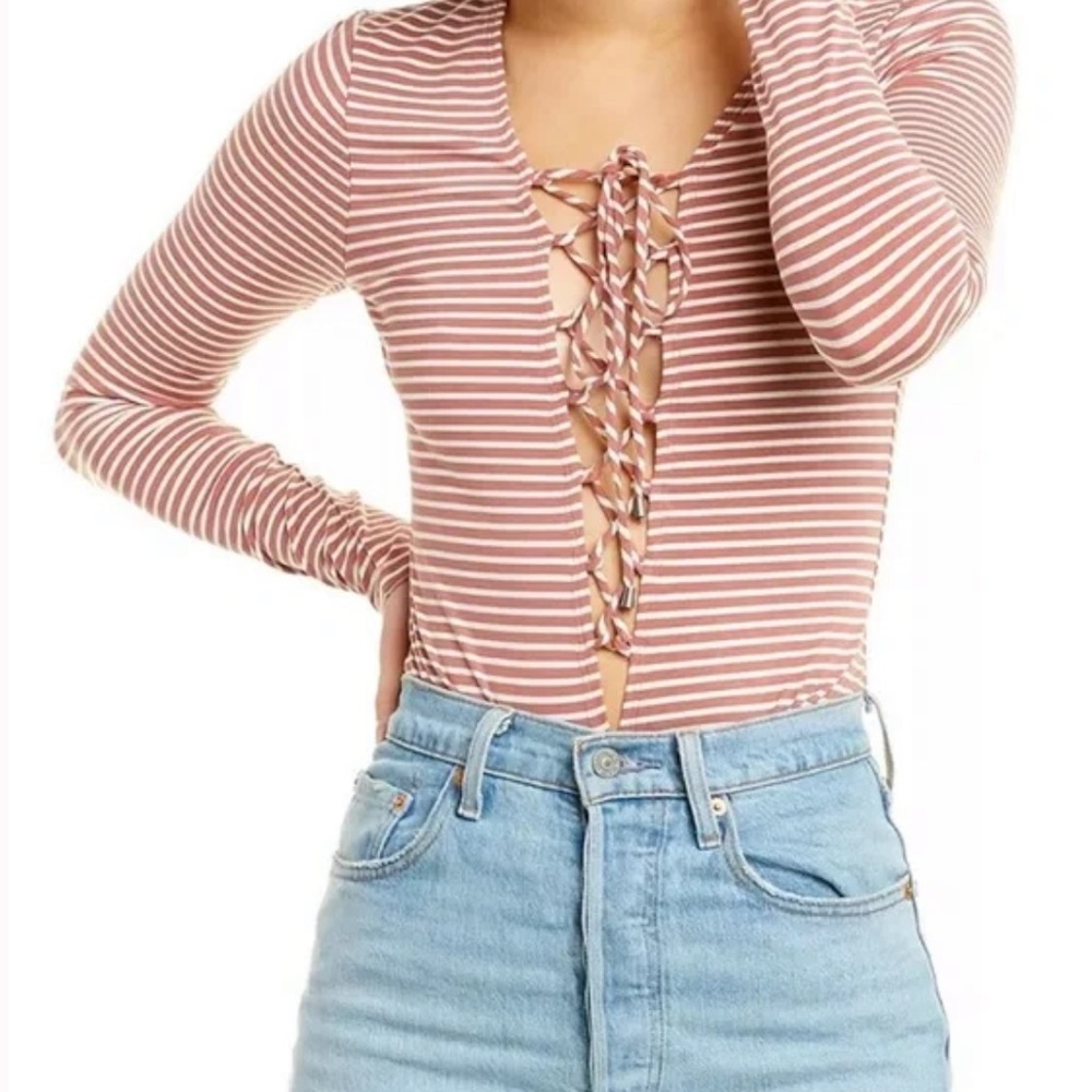 NWT Lovers + Friends deep sea lace up striped body suit